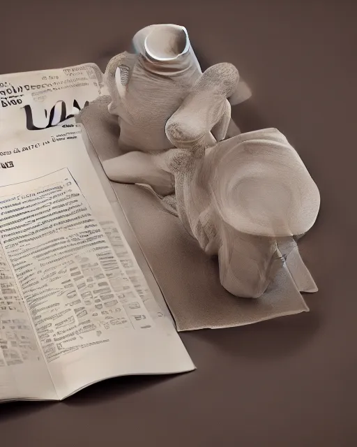 Image similar to 'a full view of a table with a magazine opened to a page with a picture of a clay sculpture of a coffee cup' clay sculpture, magazine, zoomed out, zoomed out, zoomed out