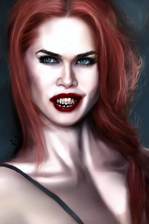 Image similar to mix of beautiful young maria shriver, mariel hemmingway, brooke shields, nicole kidman and elle macpherson as a vampire with mouth open with sharp teeth, thin lips, hair tied up in a pony tail, dark blonde hair, colorful, artstation, cgsociety