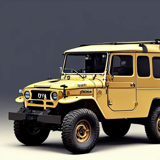 Prompt: a drawing by Leonardo da Vinci a Toyota Fj43 build in 1981, black roof, with a roof rack, detailed, 8K, octane render, 8K,