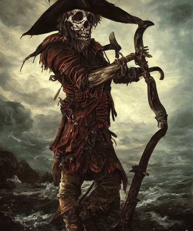 Prompt: ultra realistic color portrait painting of an undead 1 7 th century pirate with a sword in a grotto, dark, painted, brooding, atmospheric, seascape, horror, smooth, epic, highly detailed, cinematic, by keith parkinson