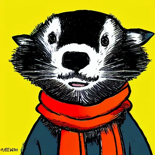 Prompt: badger wearing a scarf, cartoon style