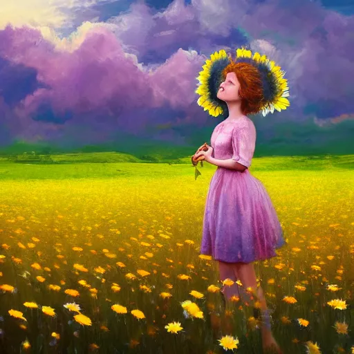 Prompt: full body daisy flower head girl standing in a flower field, her head is hidden behind the huge daisy flower,. surreal photography, sunrise, dramatic light, impressionist painting, colorful clouds, digital painting, artstation, simon stalenhag