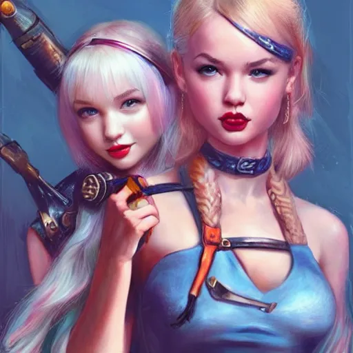 Image similar to dove cameron and taylor swift as tank girl, fantasy, portrait, highly detailed, waist up, low camera angle, digital painting, trending on artstation, concept art, sharp focus, illustration, art by artgerm and greg rutkowski and magali villeneuve