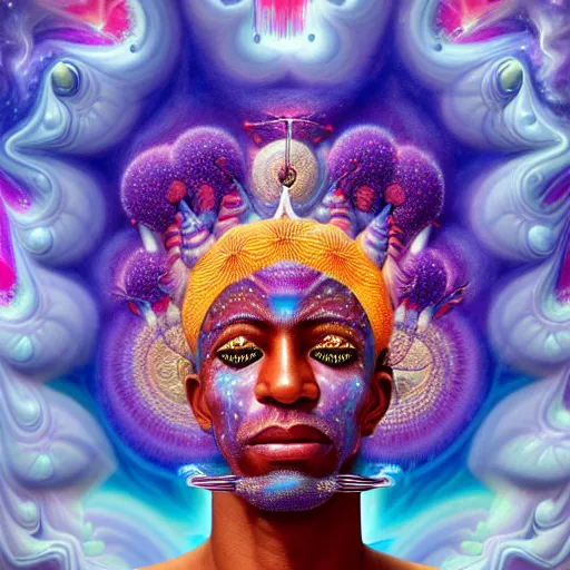 Image similar to obatala the cosmic god sitting in a cabana made of nebula clouds, by Adi granov and afarin sajedi and amanda sage and evgeni gordiets and Agostino Arrivabene in a psychedelic portrait style, ultrarealistic matte painting, volumetric lighting, fractal, extremely symmetrical, highly detailed face, orisha, 8k, hd