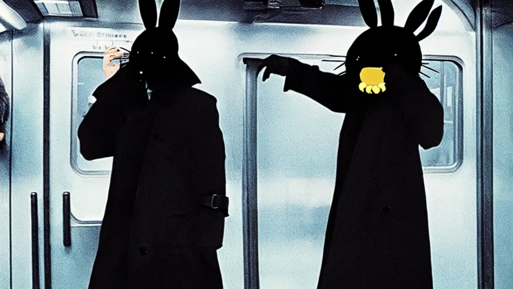 Prompt: a man in a trench coat wearing a black rabbit mask standing on the subway with a knife, film still from the an anime directed by Katsuhiro Otomo with art direction by Salvador Dalí, wide lens