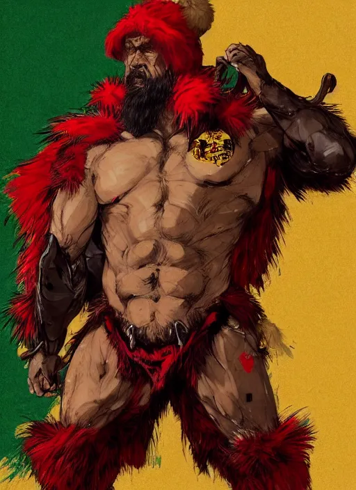 Image similar to Full body portrait of an old muscular man with blonde hair and beard wearing bear skin and red, green and gold jacket. In style of Yoji Shinkawa and Hyung-tae Kim, trending on ArtStation, dark fantasy, great composition, concept art, highly detailed.