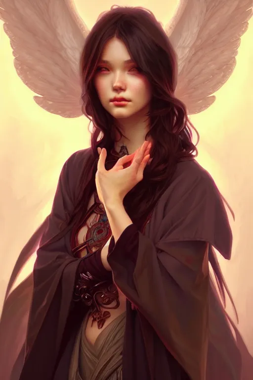 Prompt: beautiful casual angel warlock portrait, highly detailed, digital painting, artstation, sharp focus, illustration, art by tan zi and ayanamikodon and alphonse mucha and wlop