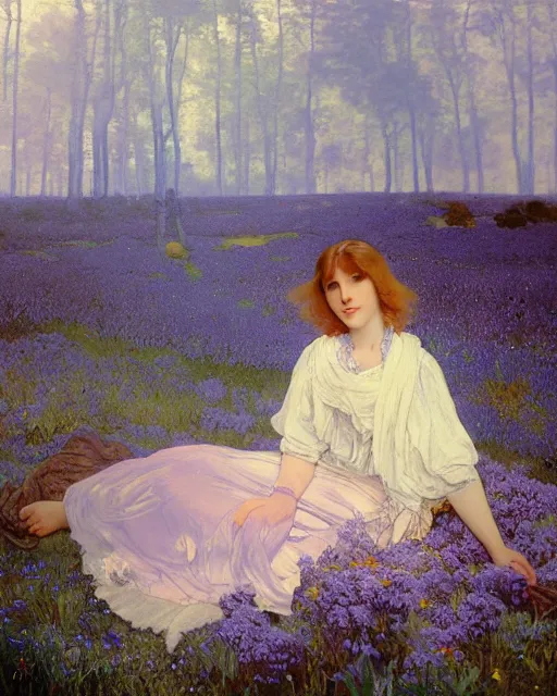 Prompt: girl sitting in a field of blue mushrooms, white grass, purple flowers, dawn, dramatic lighting, style of old masters, rembrandt, alphonse mucha, oil painting, soft translucent fabric folds