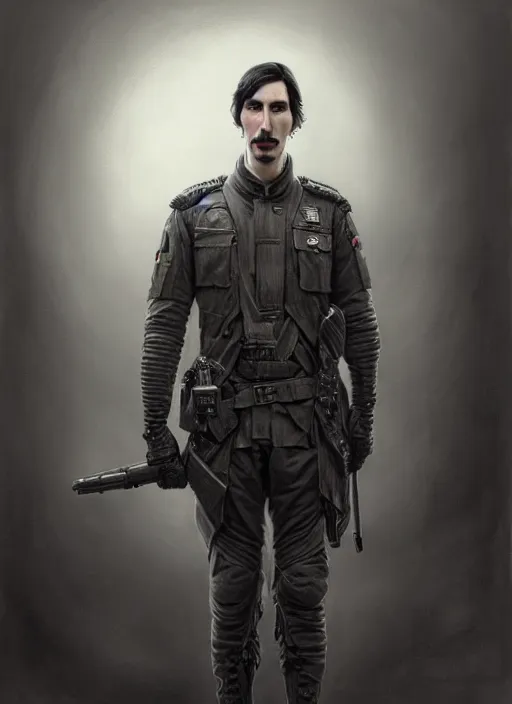 Image similar to a portrait of john oliver standing next to adam driver, stoic, military uniform, fantasy, intricate, beautiful, highly detailed, charcoal, centered, dark, smokey, digital painting, concept art, smooth, sharp focus, illustration, art by artgerm and greg rutkowski