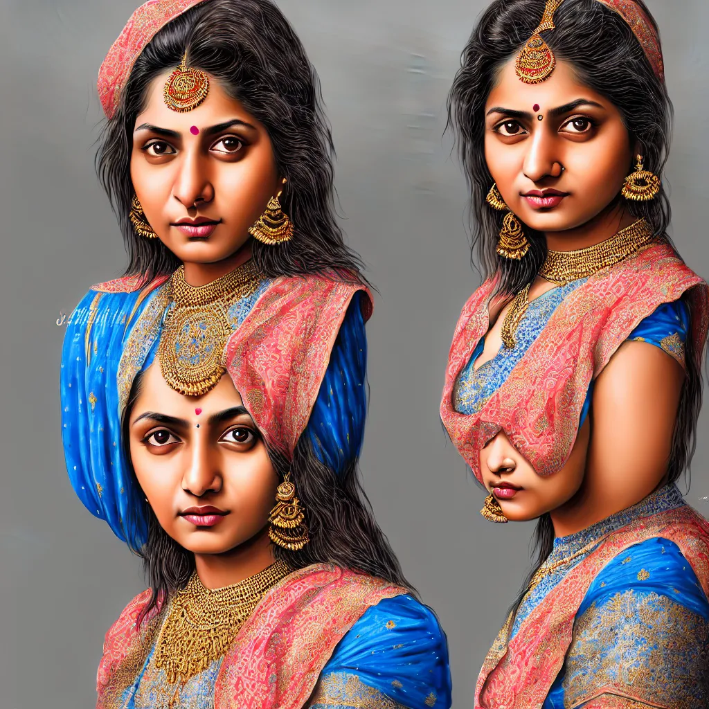Image similar to highly detailed full body portrait of south asian brown happy woman in traditional wear, studio portrait, grey colored eyes, blue colored traditional wear, photo by jerry ghionis, hyper realistic, concept art, 8 k detail post - processing