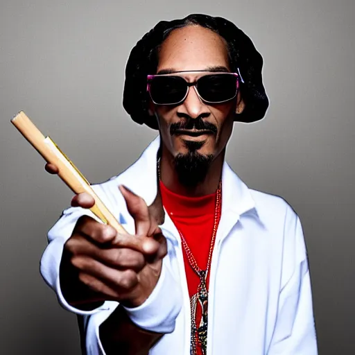 Image similar to Snoop Dog with big eyes eye color red , smiling and holding a joint in his hand