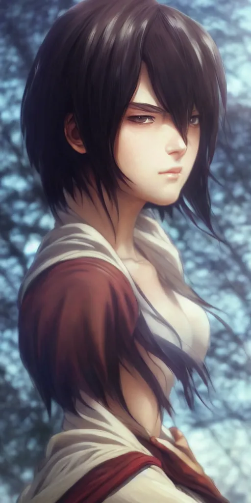 Image similar to mikasa ackerman, hero pose, medium shot, bokeh, beautiful face!!!!, 2 7 years old, cg animation, lifelike, animated, realistic, character select portrait, by artgerm, greg rutkowski, alphonse mucha, 3 d