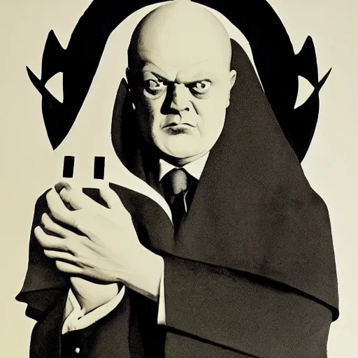 Prompt: Aleister Crowley with baphomet, by Raphael Hopper, and Rene Magritte. Highly detailed, romantic, enchanting, magical, trending on artstationHQ