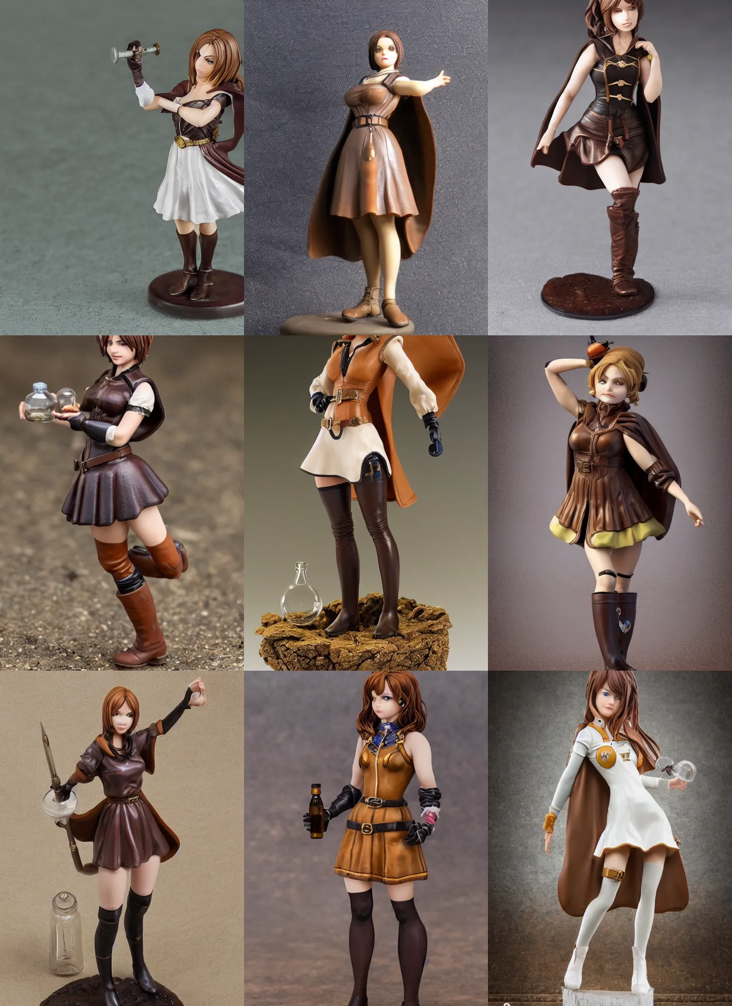 Image similar to 80mm resin detailed miniature of a female alchemist with short brown hair wearing a short dress, white stockings, leather boots and cape, Product Introduction Photos, 4K, Full body