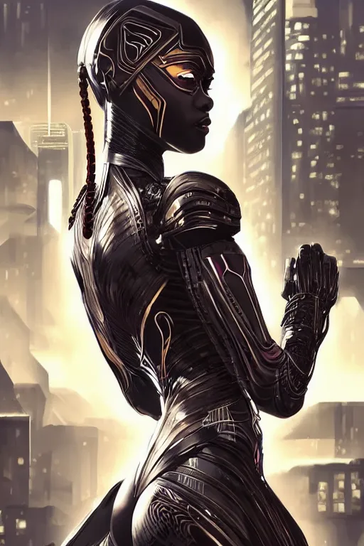 Prompt: art by artgerm, sharp focus, ultra realistic illustration, wakandan warrior in a cyberpunk style armor, sci fi background hacknaut cyberpunk, sci - fi, fantasy, intricate, elegant, highly detailed, digital painting, artstation, concept art, smooth, sharp focus, illustration.