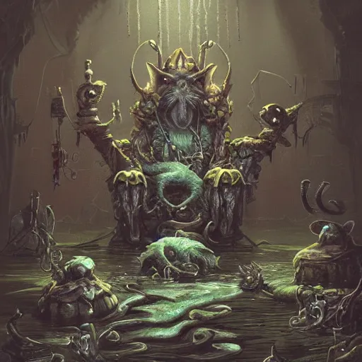 Image similar to murky sewer scene with a grinning rat king sitting on a throne, surrounded by other rats. trending on artstation, fantasy illustration, realistic, extremely detailed