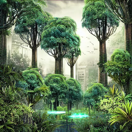 Prompt: Beautiful city of the future, overgrown with trees and plants. Nice colour scheme, warm colour. Grainy. Beautiful artistic digital artwork by artist Lurid. (2022)