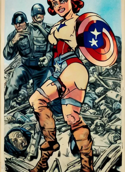 Image similar to beautiful female captain america standing on a pile of defeated, beaten and broken german soldiers. feminist captain america wins wwii. american wwii propaganda poster by james gurney. gorgeous face. overwatch. ralph bakshi and frank miller