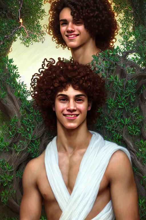 Image similar to portrait of teenage zeus, greek, short curly copper hair, smiling mischievously, wearing a white sash, olive tree, intricate, elegant, lightning bolt, glowing lights, highly detailed, digital painting, artstation, concept art, smooth, sharp focus, illustration, art by wlop, mucha, artgerm, and greg rutkowski