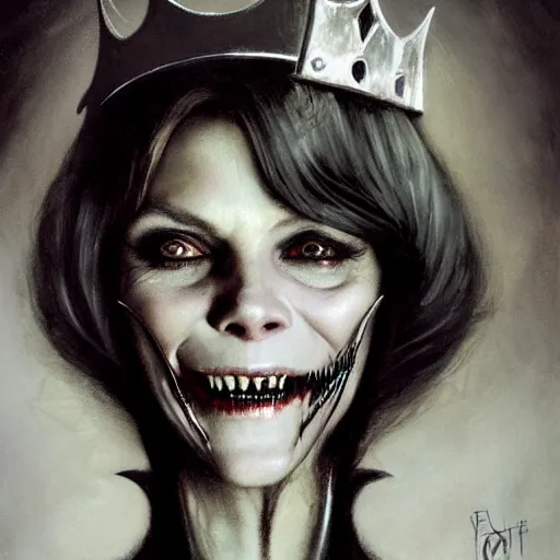 Image similar to portrait of Michelle Pfeiffer as evil vampire queen shoeing her sharp teeth wearing a dark crown by Tom Bagshaw and Guy Denning, rim light