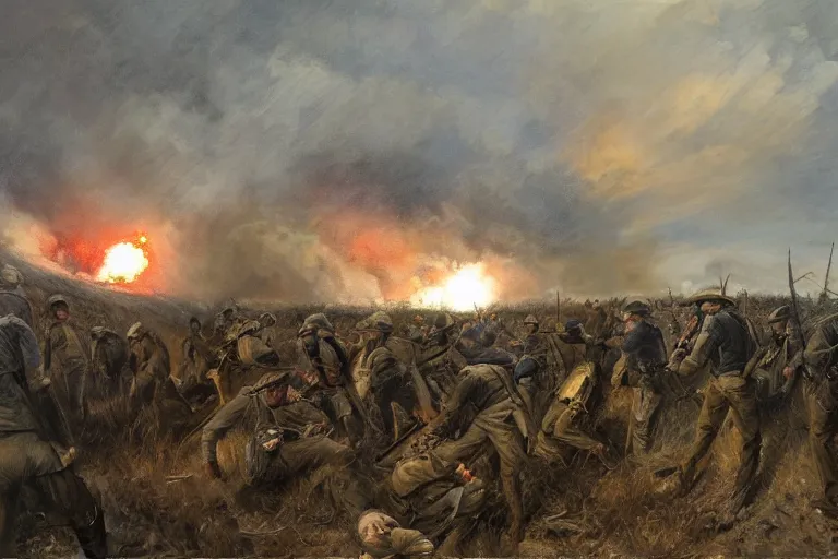 Prompt: american civil war trench battle in the style of jules breton, huge explosions everywhere, clouds of smoke