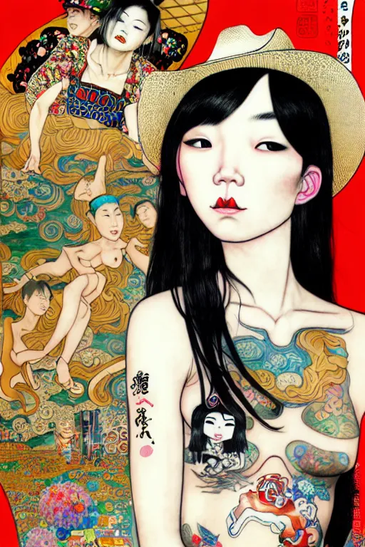 Image similar to full view of taiwanese girl with tattoos, wearing a cowboy hat, style of yoshii chie and hikari shimoda and martine johanna and and gustav klimt and will eisner, highly detailed