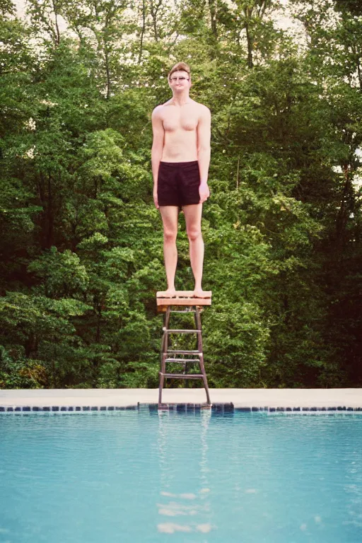 Image similar to mid distance photo of seth dusky standing on the diving board, 3 5 mm, highly detailed, color photo, cinematic lighting