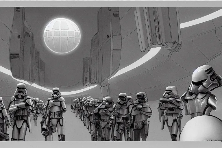 Prompt: ralph mcquarrie concept art for death star corridor interior with storm troopers