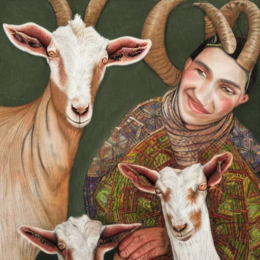 Prompt: people and goats by Hamid Savkuev, close-up, botanical illustration