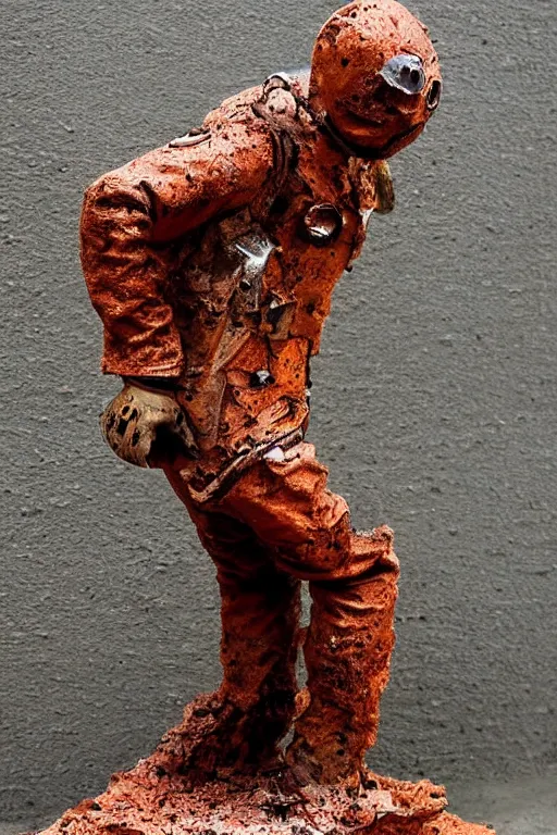 Image similar to a beautiful rust sculpture by christophe charbonnel of a cosmonaut falling into the abyss