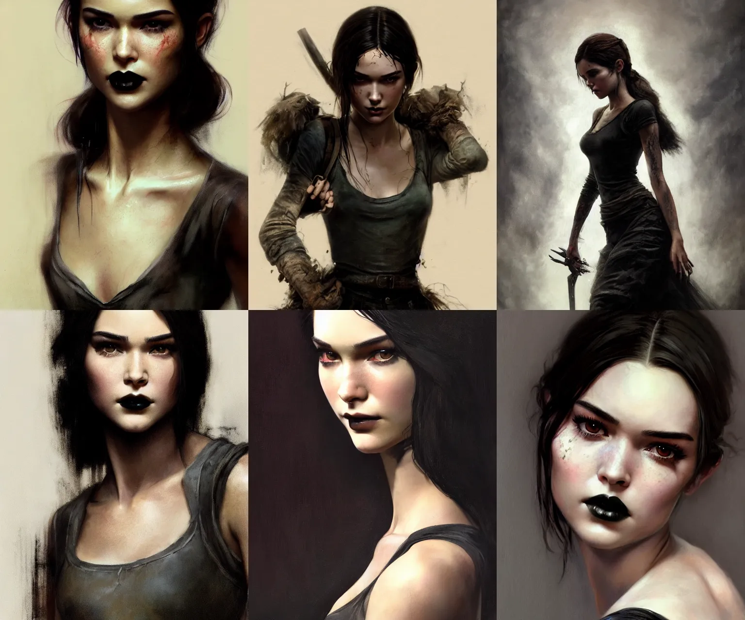 Prompt: a beautiful cinematic masterpiece portrait of kendal jenner as gothic evil ellie from last of us 2, by gil elvgren, by frank frazetta, by greg rutkowski, trending on artstation, featured on pixiv, clothed non - nude portrait, hyper detailed, beautiful studio lights, intricate elegant digital painting, cinematic composition dramatic pose, smooth, sharp focus,
