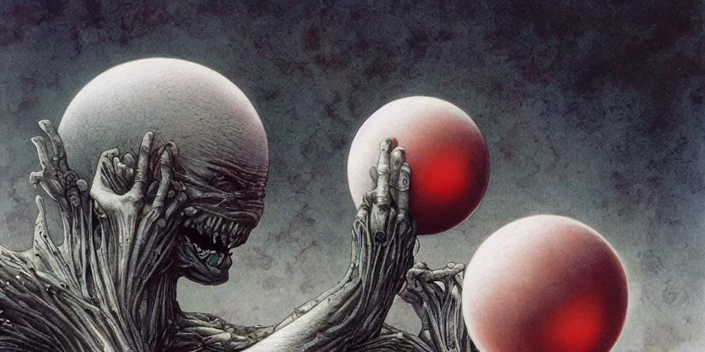 Image similar to griffith holding behelit during the eclipse from berserk, creepy, melting, since, horror, art by wayne barlowe, giger, artgerm