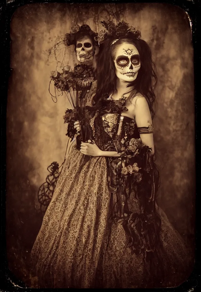 Image similar to tintype full body view, woman veiled dia de muertos dress and make up, corset garters and stockings, horrific beautiful vibe, evocative, atmospheric lighting, painted, intricate, highly detailed,