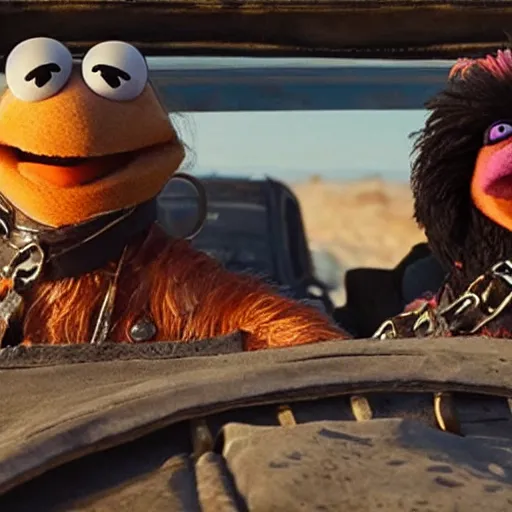 Prompt: a film still of muppets in 'Mad Max: Furry Road' (2015)