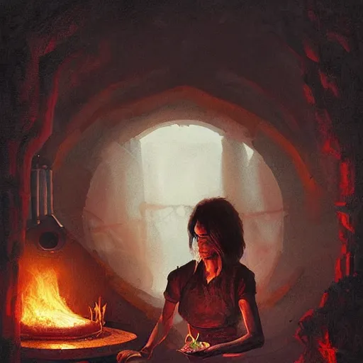 Image similar to a portrait of nick cave baking pizza, eerie colors, dramatic light, gorgeous view, depth, high detail, digital art, painted by greg rutkowski and seb mckinnon, trending on artstation