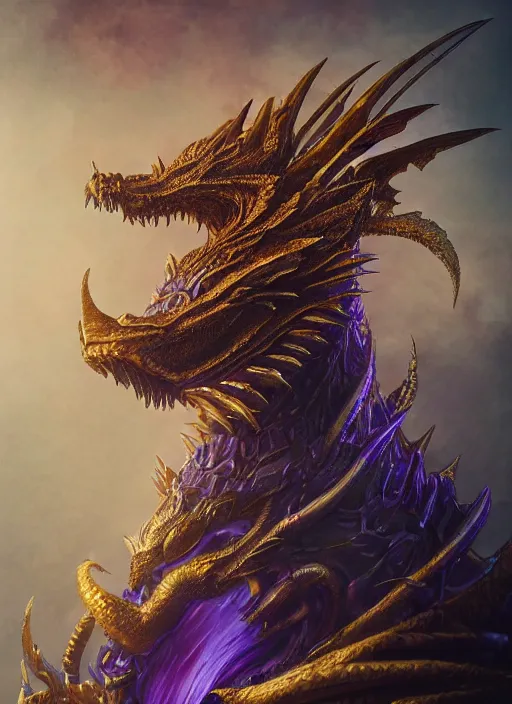 Image similar to octane render, a hyper detailed octane render of portrait of dragon, by xision, dan mumford and kerem beyit, sandara tang ， ellen jewett, sacred ; cloud, silk,, sacred, religion, artstation, magnificence, shimmer, purple detail, mysterious, gold paper with detailed line work, golden ratio