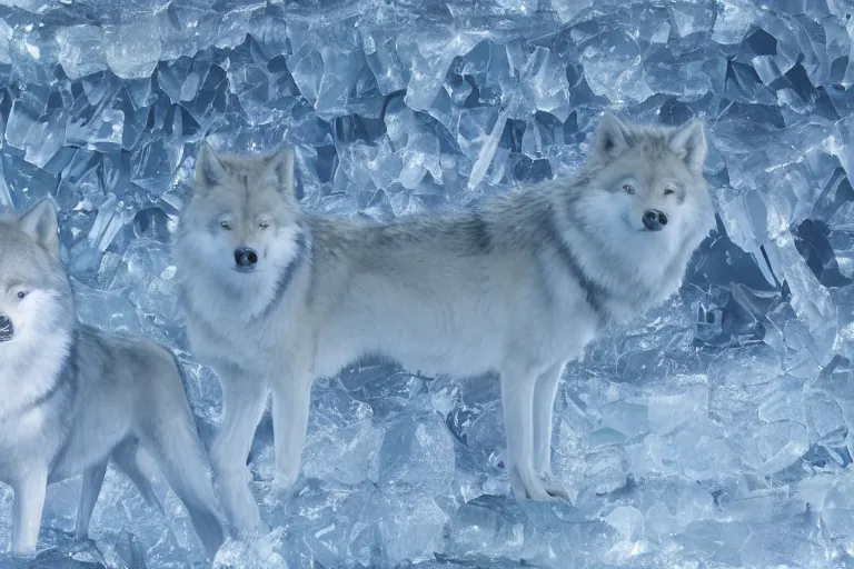 Prompt: crystal wolves breathing ice, 8 k, reflective