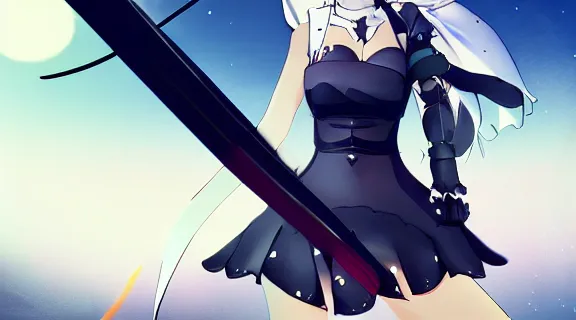 Image similar to Nier Automata HOLDING A KATANA sideways | Moonlit Night | strong blue rimlit | visual-key | anime illustration by Yang-Do | highly detailed