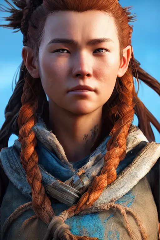 Image similar to aloy from horizon : forbidden west. photoreal, closeup portrait. most of her face is in shadow. shallow depth of field field.