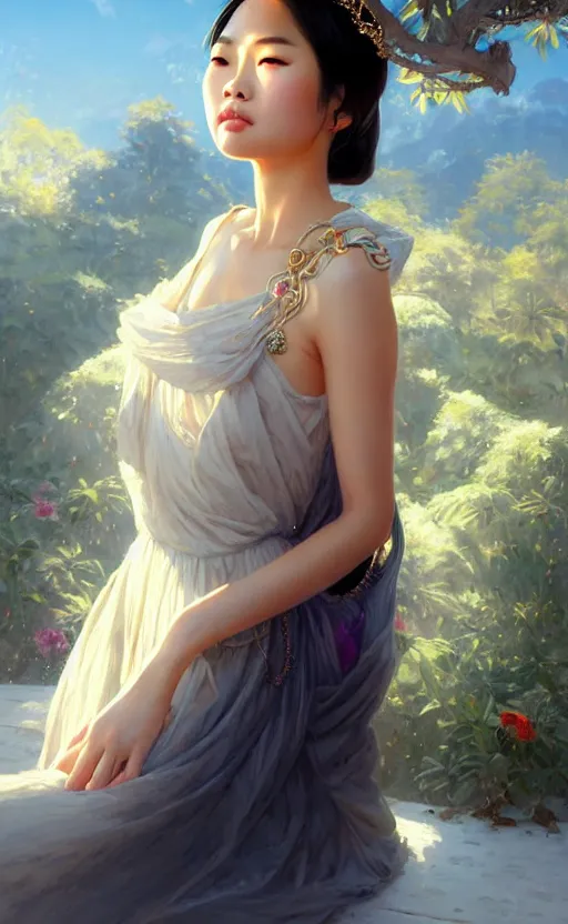 Image similar to a beautiful young charming asian goddess with sundress + jewelry + shinny eyes | | winter, symmetric, realistic shaded, unpleasant face, good looking, fine details, dior, lv, realistic shaded lighting poster by greg rutkowski, macoto takahashi, magali villeneuve, artgerm, jeremy lipkin and michael garmash