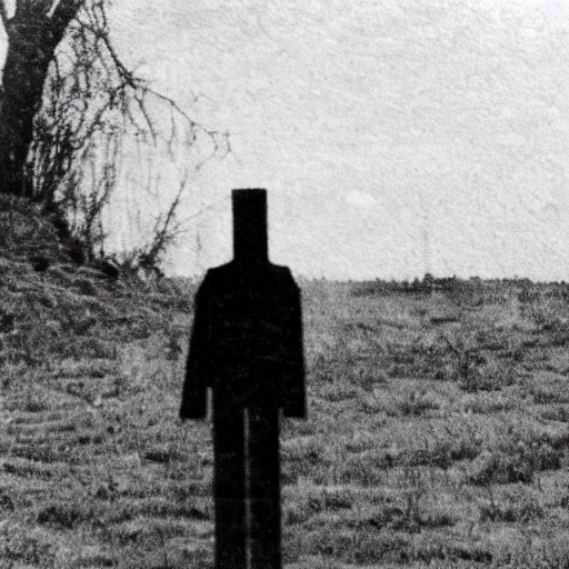 Image similar to old photo of a creepy landscape, creepy figure in the distance