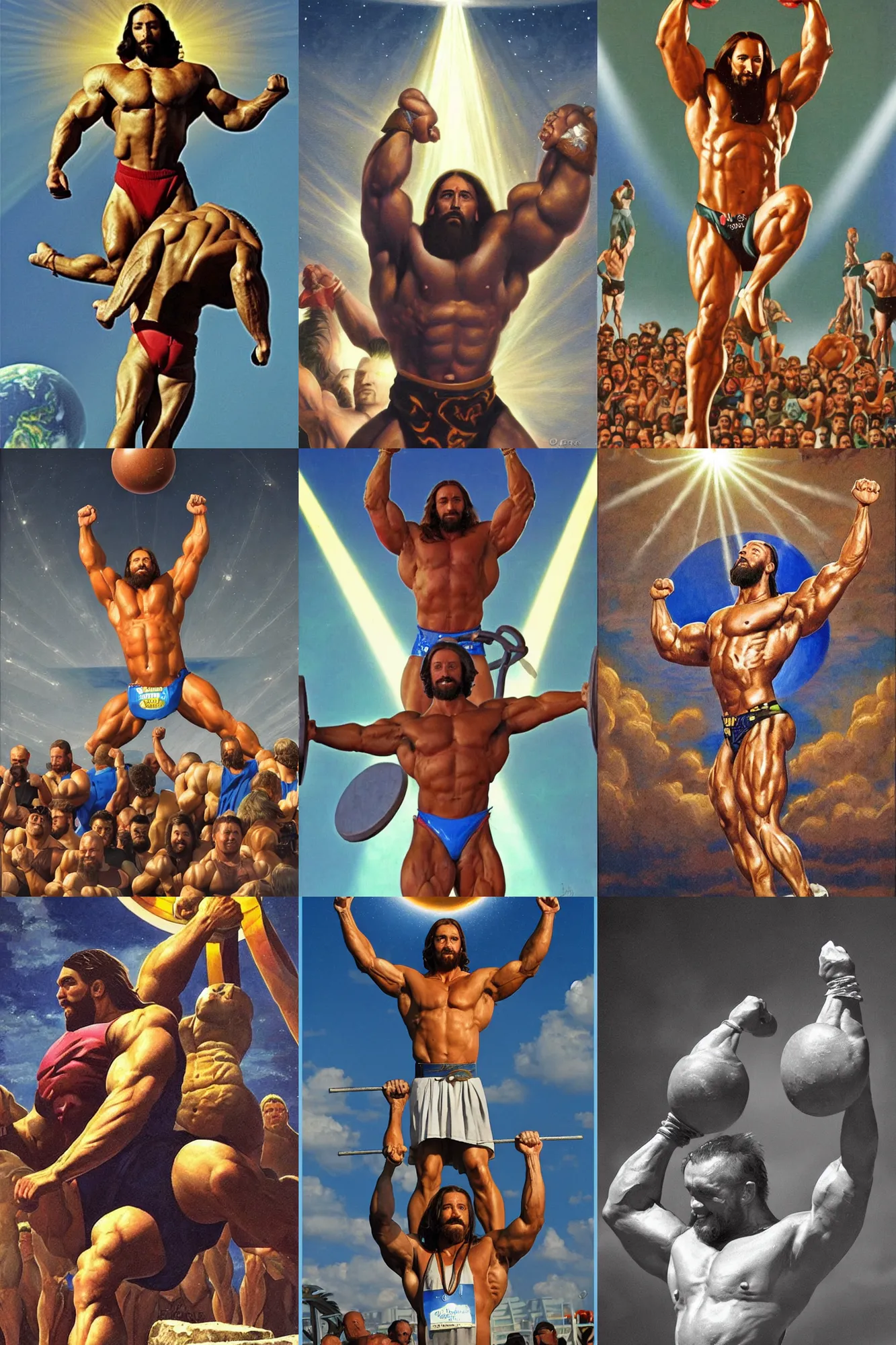 Prompt: jesus as a bodybuilder at the worlds strongest man competition lifting a rock planet over his head by greg hildebrandt, halo above head, dramatic lighting