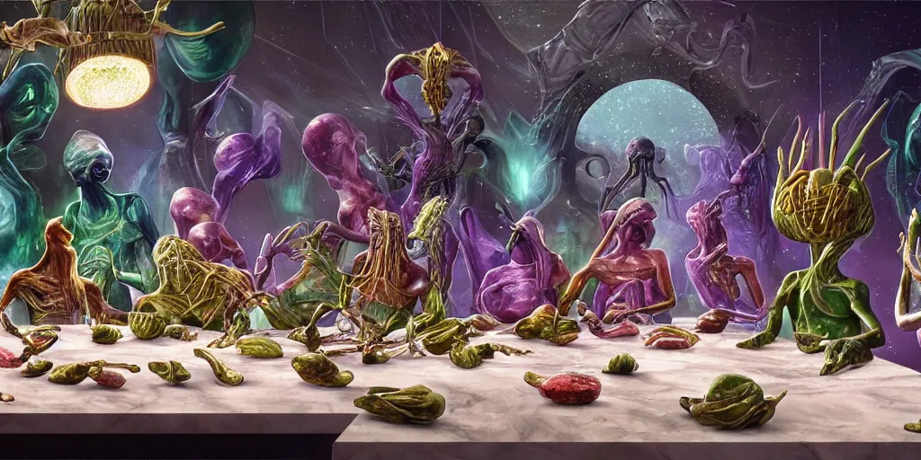 Image similar to !13 very diverse aliens enjoying a rich salad around a marble table, !positioned as last supper cinematic lighting, crystals and diamonds, emeralds, idilic, fantasy, surreal, floating, highly detalied, 4k, artstation, by Wayne Barlowe