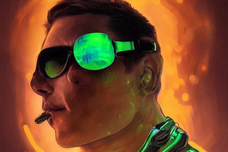 Image similar to Beautiful portrait of a glowing translucent body glowing male police officer wearing cool shades. Green fluorescent aura around officer, wide angle, magic, fire, darkness, dramatic lighting, Africa, intricate, wild, highly detailed, digital painting, artstation, concept art, smooth, sharp focus, illustration, art by artgerm and greg rutkowski and alphonse mucha, footage from space camera