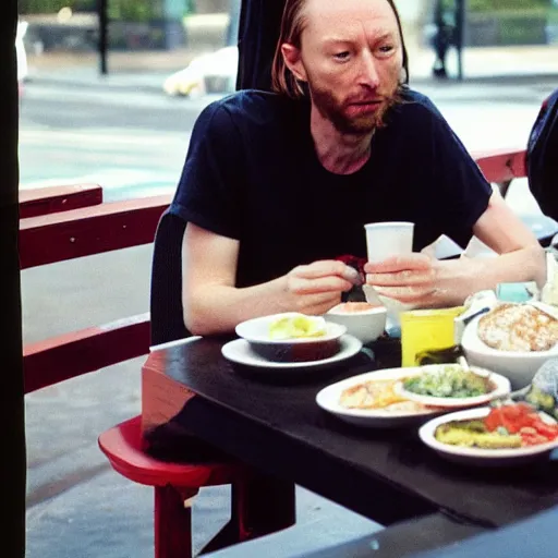 Image similar to 3 5 mm photograph of thom yorke having lunch with a literal radiohead