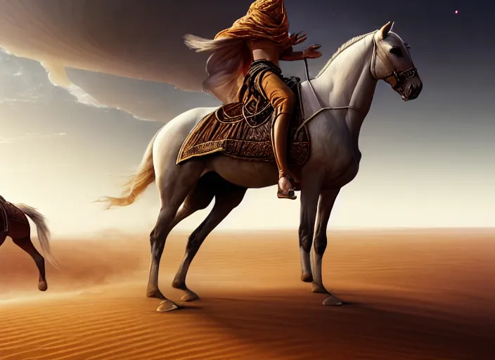 Prompt: arabian knight on arabian horse in the desert, sand environment, illustration, symmetrical, smoky, unreal engine, colors, epic scene, fantasy art by greg rutkowski,, golden raito, high quality, intricate details, details, intricate, atmosphere, highly detailed, matte painting, cinematic, deviantart, realistic, concept art, 4 k