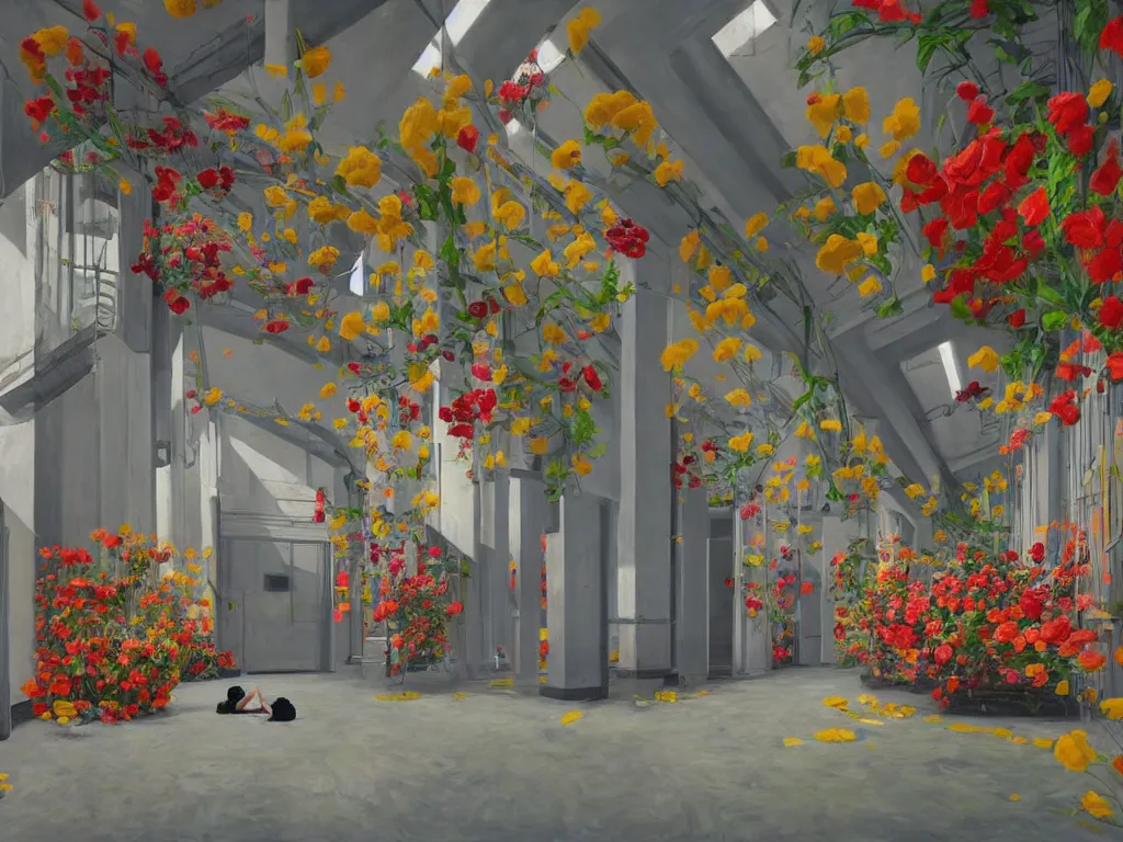 Image similar to colorful minimalist industrial interior hallway with monolithic pillars in the style of ridley scott and stanley kubrick, impossible architecture, pool ceiling, bed of flowers on floor, ultra view angle view, lone person in the distance, realistic detailed painting by edward hopper