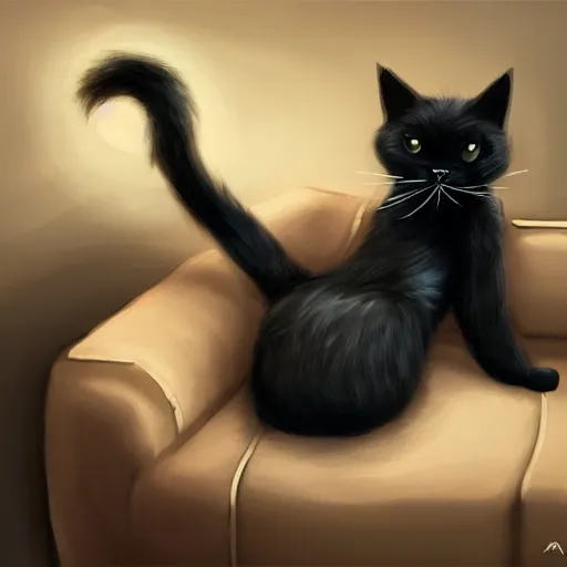 Prompt: a furry portrait, anthro, black cat smoking on a couch, artstation senior artist, character design, anthropomorphic cat, painting