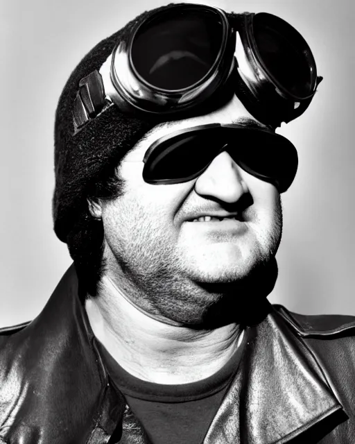 Image similar to headshot of a crazed john belushi wearing a leather bomber cap with aviator goggles, he is also wearing an a 2 flight jacket, a long white wool scarf is wrapped around his neck, he has a 5 o'clock shadow