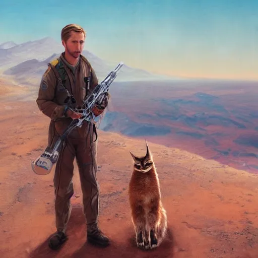 Image similar to Ryan Gosling holding a cute caracal on a mountain on mars, cinematic angle, studio Ghibli, cinematic lighting, detailed oil painting, hyperrealistic, 8k